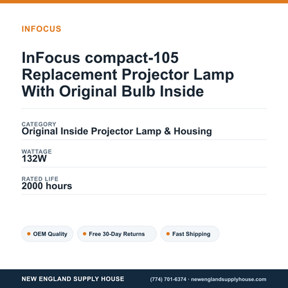 InFocus compact-105 Replacement Projector Lamp With Original Bulb Inside specifications - New England Supply House spec card [NESH-SPEC-CARD-V2]