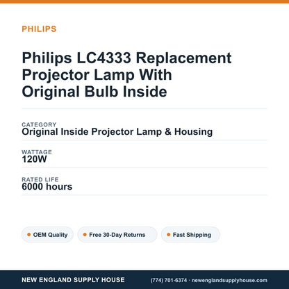 Philips LC4333 Replacement Projector Lamp With Original Bulb Inside specifications - New England Supply House spec card [NESH-SPEC-CARD-V2]