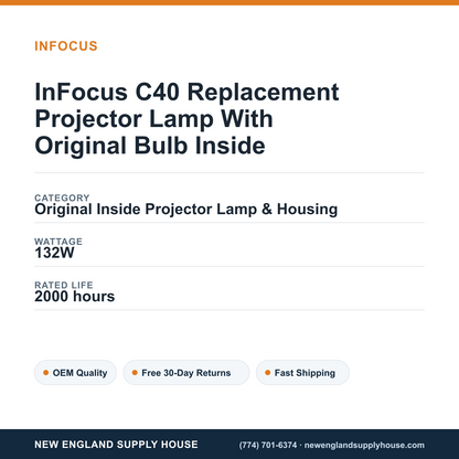 InFocus C40 Replacement Projector Lamp With Original Bulb Inside specifications - New England Supply House spec card [NESH-SPEC-CARD-V2]