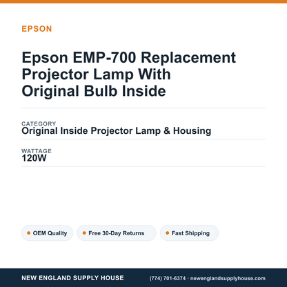 Epson EMP-700 Replacement Projector Lamp With Original Bulb Inside specifications - New England Supply House spec card [NESH-SPEC-CARD-V2]