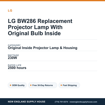 LG BW286 Replacement Projector Lamp With Original Bulb Inside specifications - New England Supply House spec card [NESH-SPEC-CARD-V2]