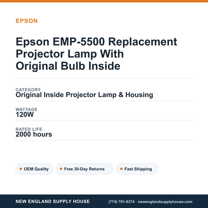 Epson EMP-5500 Replacement Projector Lamp With Original Bulb Inside specifications - New England Supply House spec card [NESH-SPEC-CARD-V2]