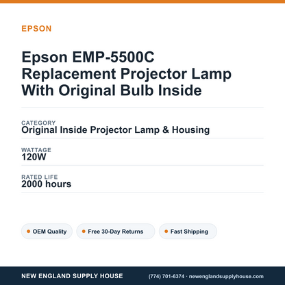Epson EMP-5500C Replacement Projector Lamp With Original Bulb Inside specifications - New England Supply House spec card [NESH-SPEC-CARD-V2]
