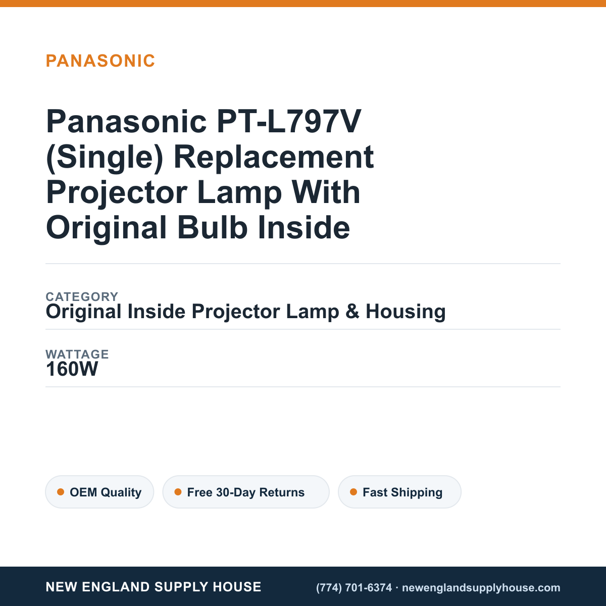 Panasonic PT-L797V (Single) Replacement Projector Lamp With Original Bulb Inside specifications - New England Supply House spec card [NESH-SPEC-CARD-V2]