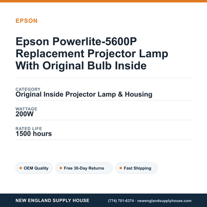 Epson Powerlite-5600P Replacement Projector Lamp With Original Bulb Inside specifications - New England Supply House spec card [NESH-SPEC-CARD-V2]