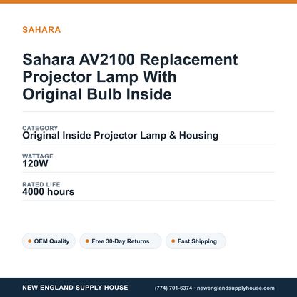 Sahara AV2100 Replacement Projector Lamp With Original Bulb Inside specifications - New England Supply House spec card [NESH-SPEC-CARD-V2]