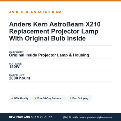 Anders Kern AstroBeam X210 Replacement Projector Lamp With Original Bulb Inside specifications - New England Supply House spec card [NESH-SPEC-CARD-V2]