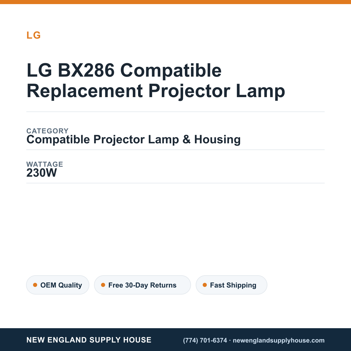 LG BX286 Compatible Replacement Projector Lamp specifications - New England Supply House spec card [NESH-SPEC-CARD-V2]