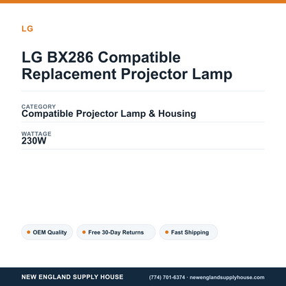 LG BX286 Compatible Replacement Projector Lamp specifications - New England Supply House spec card [NESH-SPEC-CARD-V2]