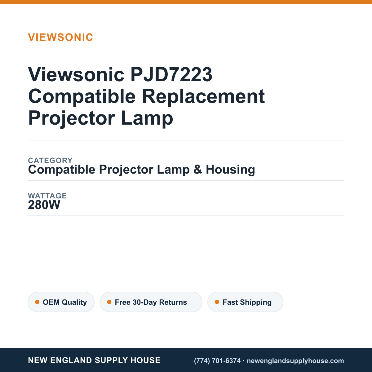 Viewsonic PJD7223 Compatible Replacement Projector Lamp specifications - New England Supply House spec card [NESH-SPEC-CARD-V2]