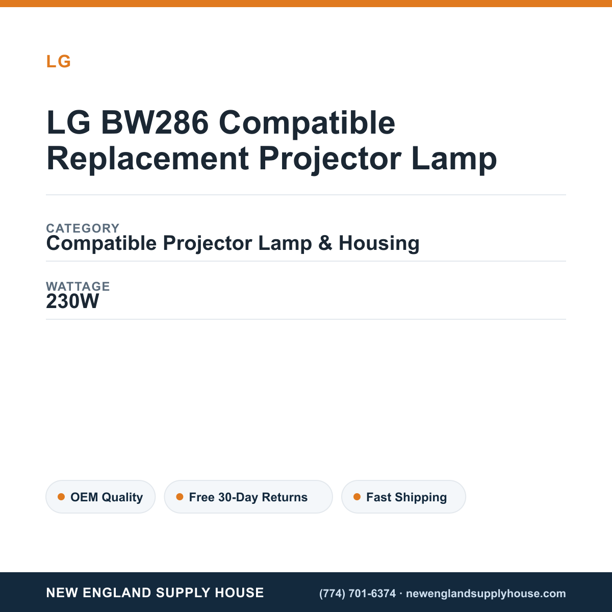 LG BW286 Compatible Replacement Projector Lamp specifications - New England Supply House spec card [NESH-SPEC-CARD-V2]