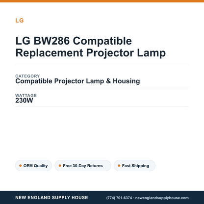 LG BW286 Compatible Replacement Projector Lamp specifications - New England Supply House spec card [NESH-SPEC-CARD-V2]