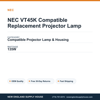 NEC VT45K Compatible Replacement Projector Lamp specifications - New England Supply House spec card [NESH-SPEC-CARD-V2]