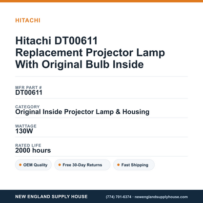 Hitachi DT00611 Replacement Projector Lamp With Original Bulb Inside specifications - New England Supply House spec card [NESH-SPEC-CARD-V2]