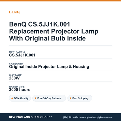 BenQ CS.5JJ1K.001 Replacement Projector Lamp With Original Bulb Inside specifications - New England Supply House spec card [NESH-SPEC-CARD-V2]