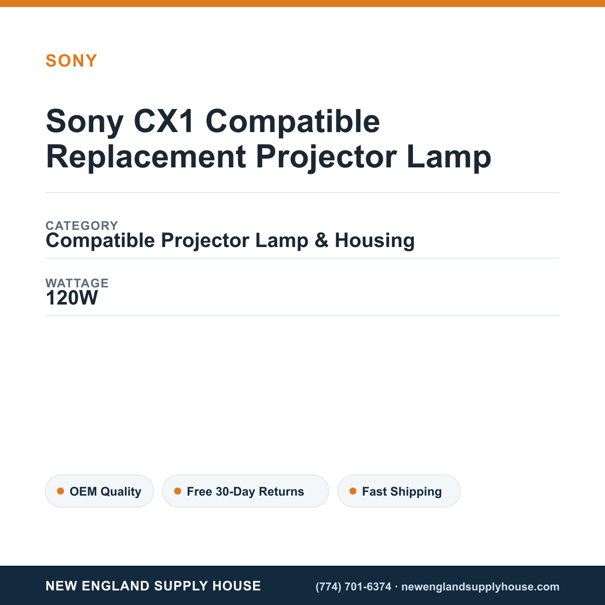 Sony CX1 Compatible Replacement Projector Lamp specifications - New England Supply House spec card [NESH-SPEC-CARD-V2]