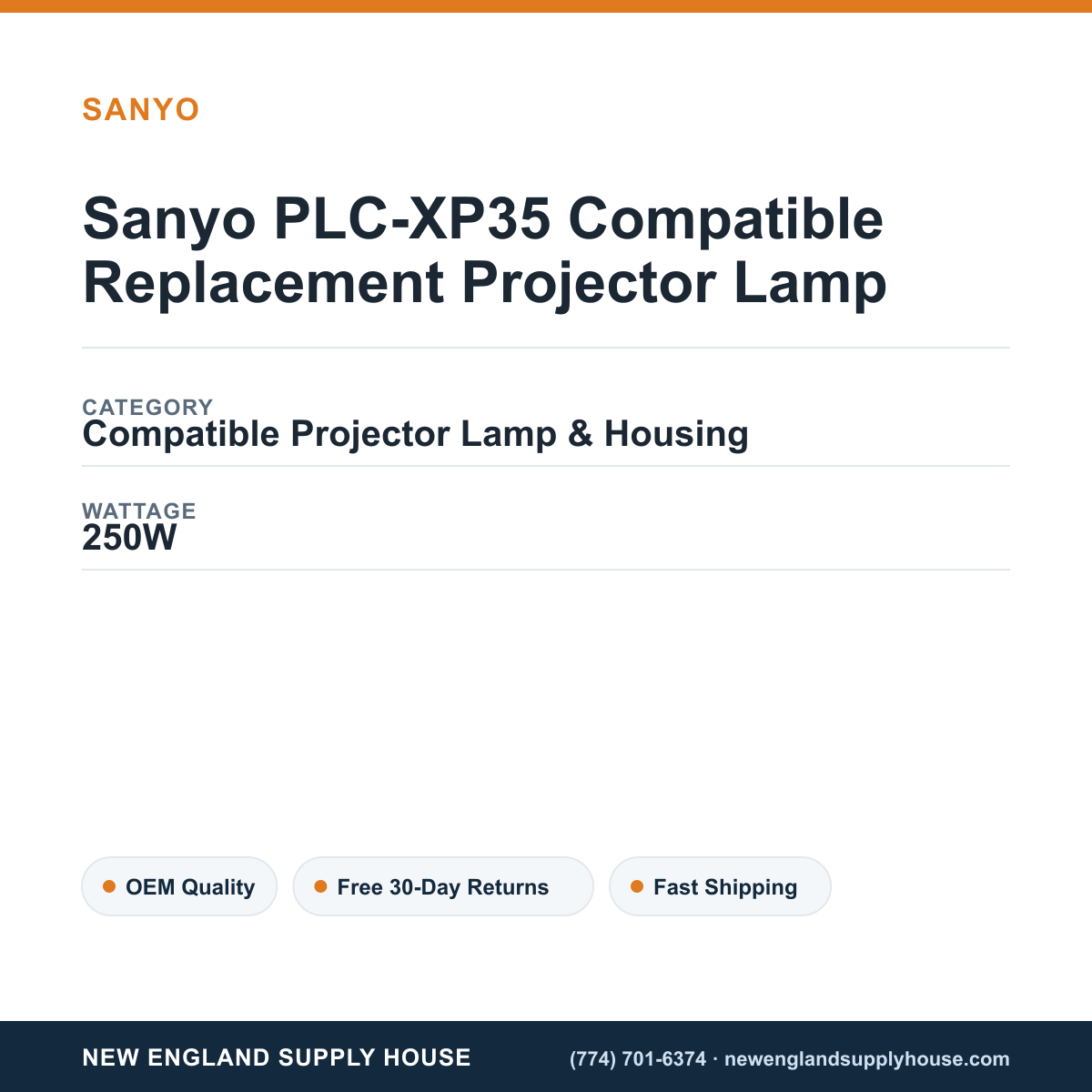 Sanyo PLC-XP35 Compatible Replacement Projector Lamp specifications - New England Supply House spec card [NESH-SPEC-CARD-V2]