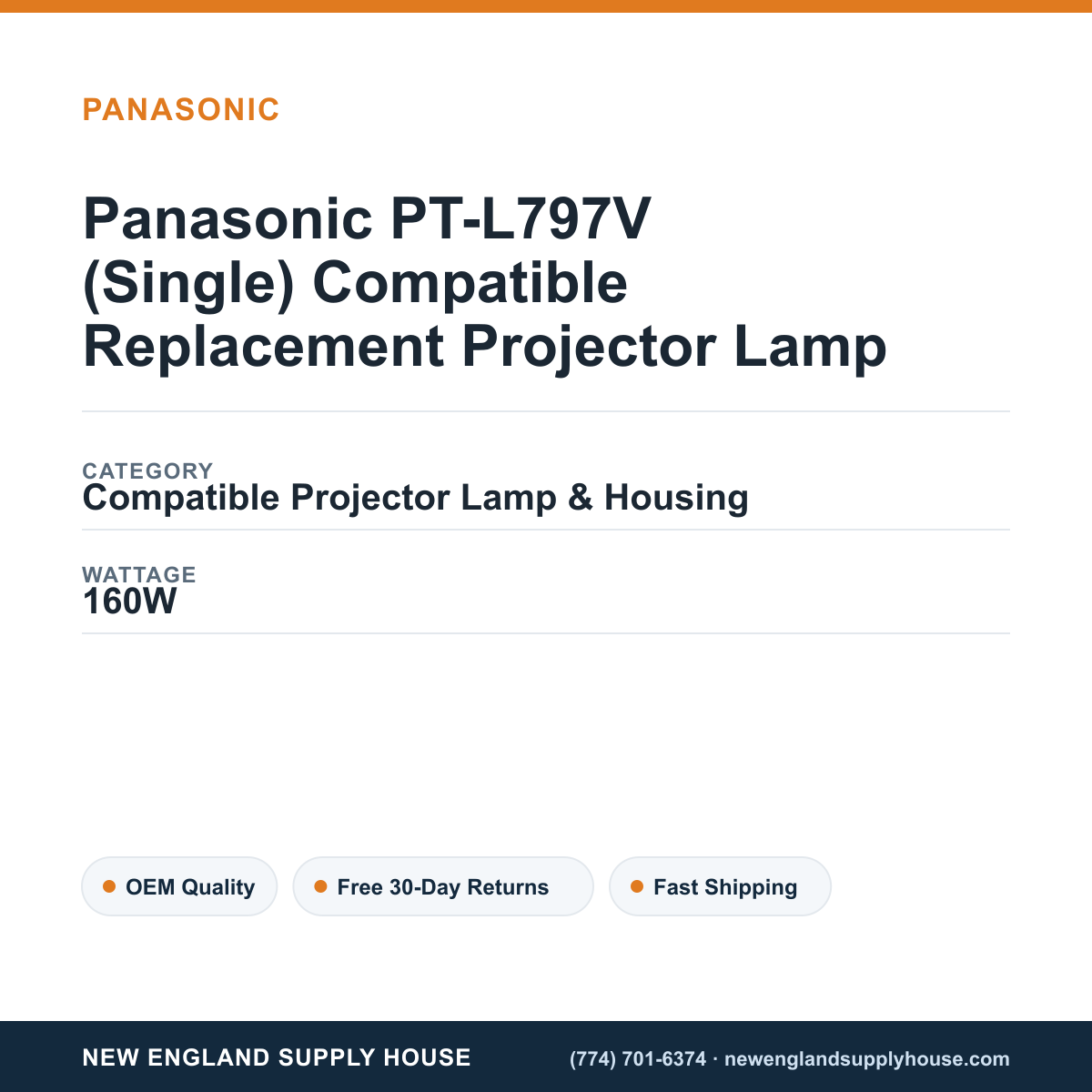 Panasonic PT-L797V (Single) Compatible Replacement Projector Lamp specifications - New England Supply House spec card [NESH-SPEC-CARD-V2]
