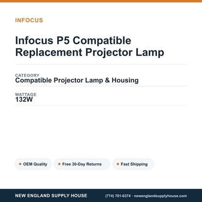 Infocus P5 Compatible Replacement Projector Lamp specifications - New England Supply House spec card [NESH-SPEC-CARD-V2]