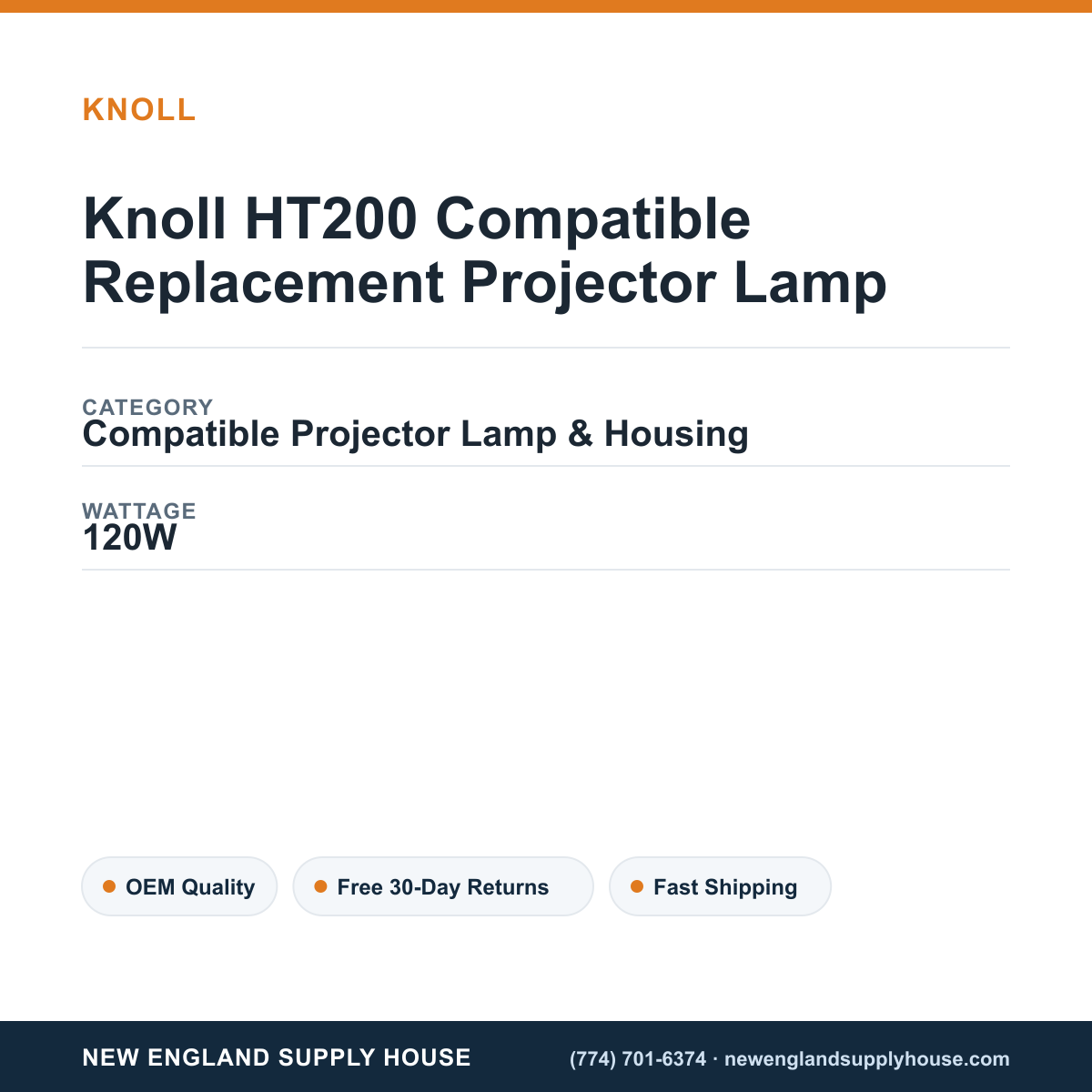 Knoll HT200 Compatible Replacement Projector Lamp specifications - New England Supply House spec card [NESH-SPEC-CARD-V2]