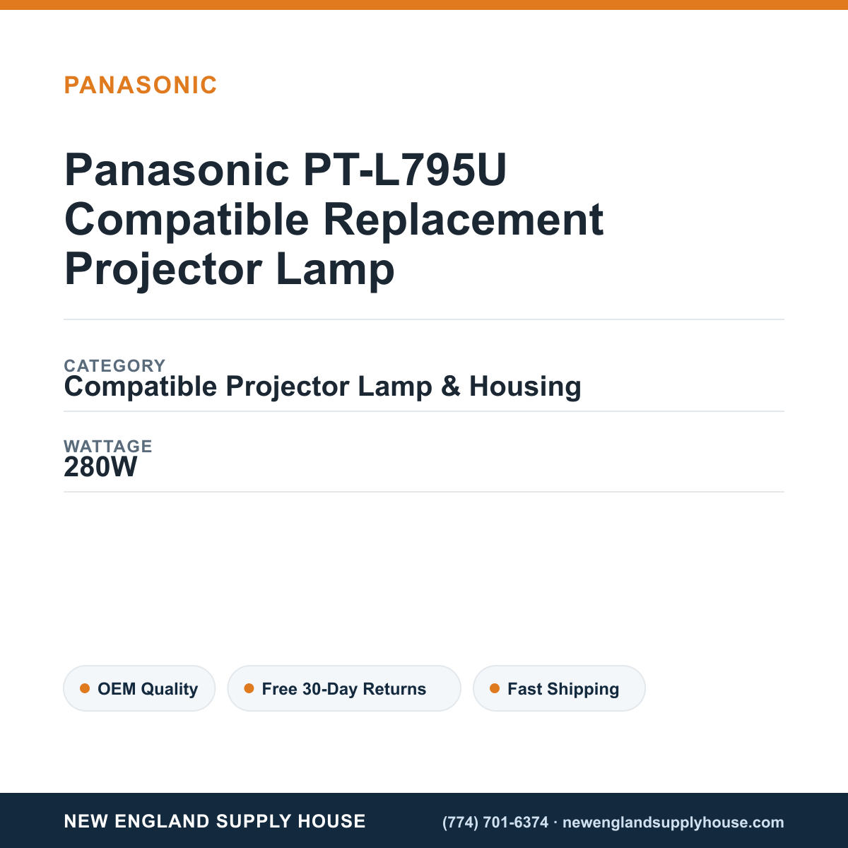 Panasonic PT-L795U Compatible Replacement Projector Lamp specifications - New England Supply House spec card [NESH-SPEC-CARD-V2]