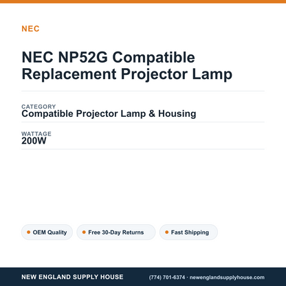 NEC NP52G Compatible Replacement Projector Lamp specifications - New England Supply House spec card [NESH-SPEC-CARD-V2]
