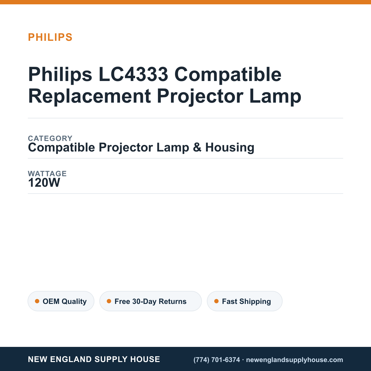 Philips LC4333 Compatible Replacement Projector Lamp specifications - New England Supply House spec card [NESH-SPEC-CARD-V2]