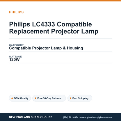 Philips LC4333 Compatible Replacement Projector Lamp specifications - New England Supply House spec card [NESH-SPEC-CARD-V2]