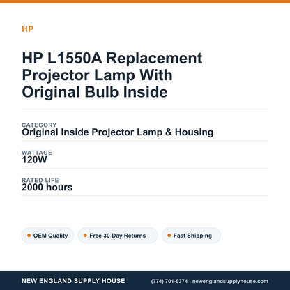 HP L1550A Replacement Projector Lamp With Original Bulb Inside specifications - New England Supply House spec card [NESH-SPEC-CARD-V2]
