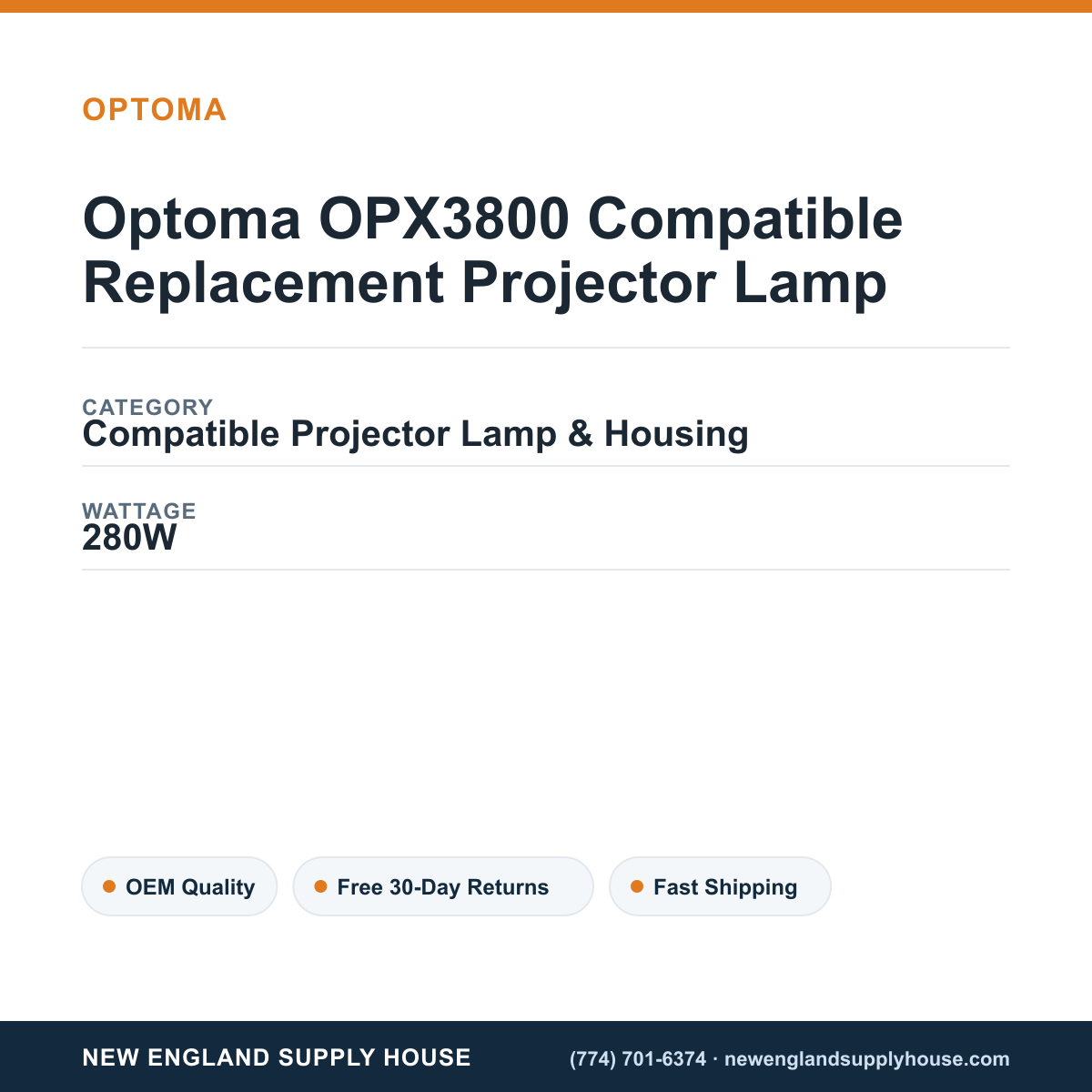 Optoma OPX3800 Compatible Replacement Projector Lamp specifications - New England Supply House spec card [NESH-SPEC-CARD-V2]