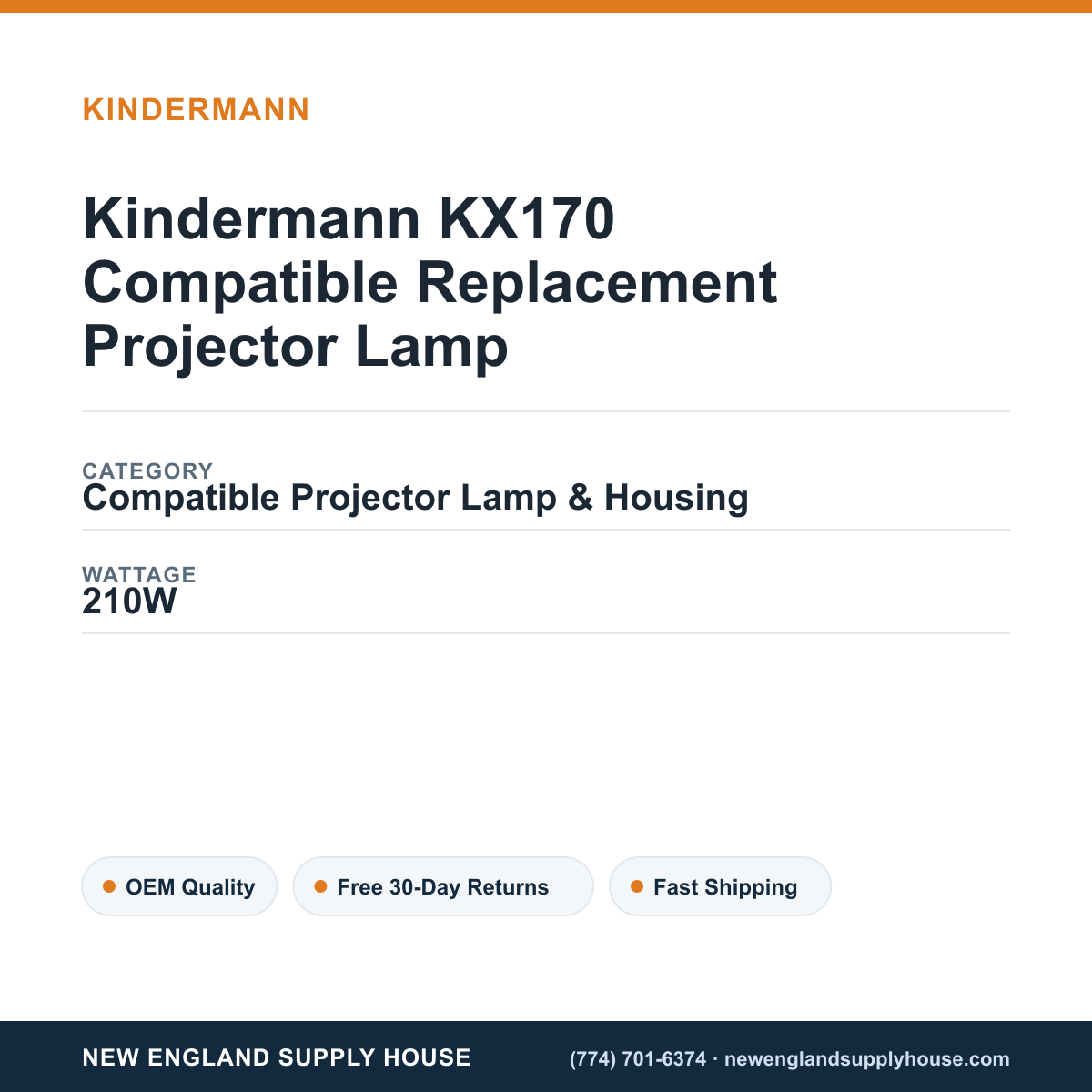 Kindermann KX170 Compatible Replacement Projector Lamp specifications - New England Supply House spec card [NESH-SPEC-CARD-V2]