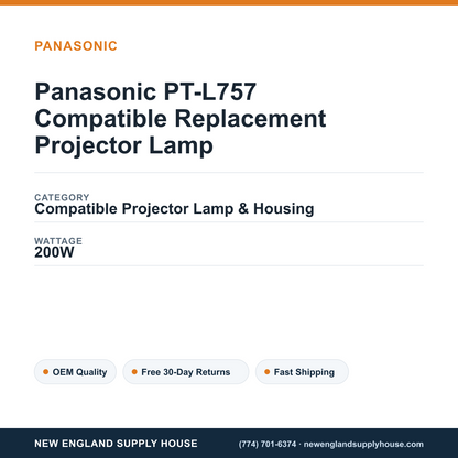 Panasonic PT-L757 Compatible Replacement Projector Lamp specifications - New England Supply House spec card [NESH-SPEC-CARD-V2]