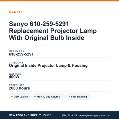 Sanyo 610-259-5291 Replacement Projector Lamp With Original Bulb Inside specifications - New England Supply House spec card [NESH-SPEC-CARD-V2]