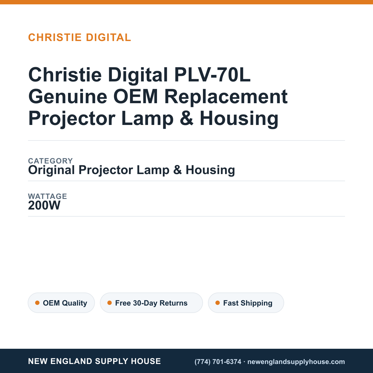 Christie Digital PLV-70L Genuine OEM Replacement Projector Lamp & Housing specifications - New England Supply House spec card [NESH-SPEC-CARD-V2]