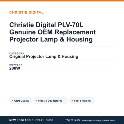 Christie Digital PLV-70L Genuine OEM Replacement Projector Lamp & Housing specifications - New England Supply House spec card [NESH-SPEC-CARD-V2]