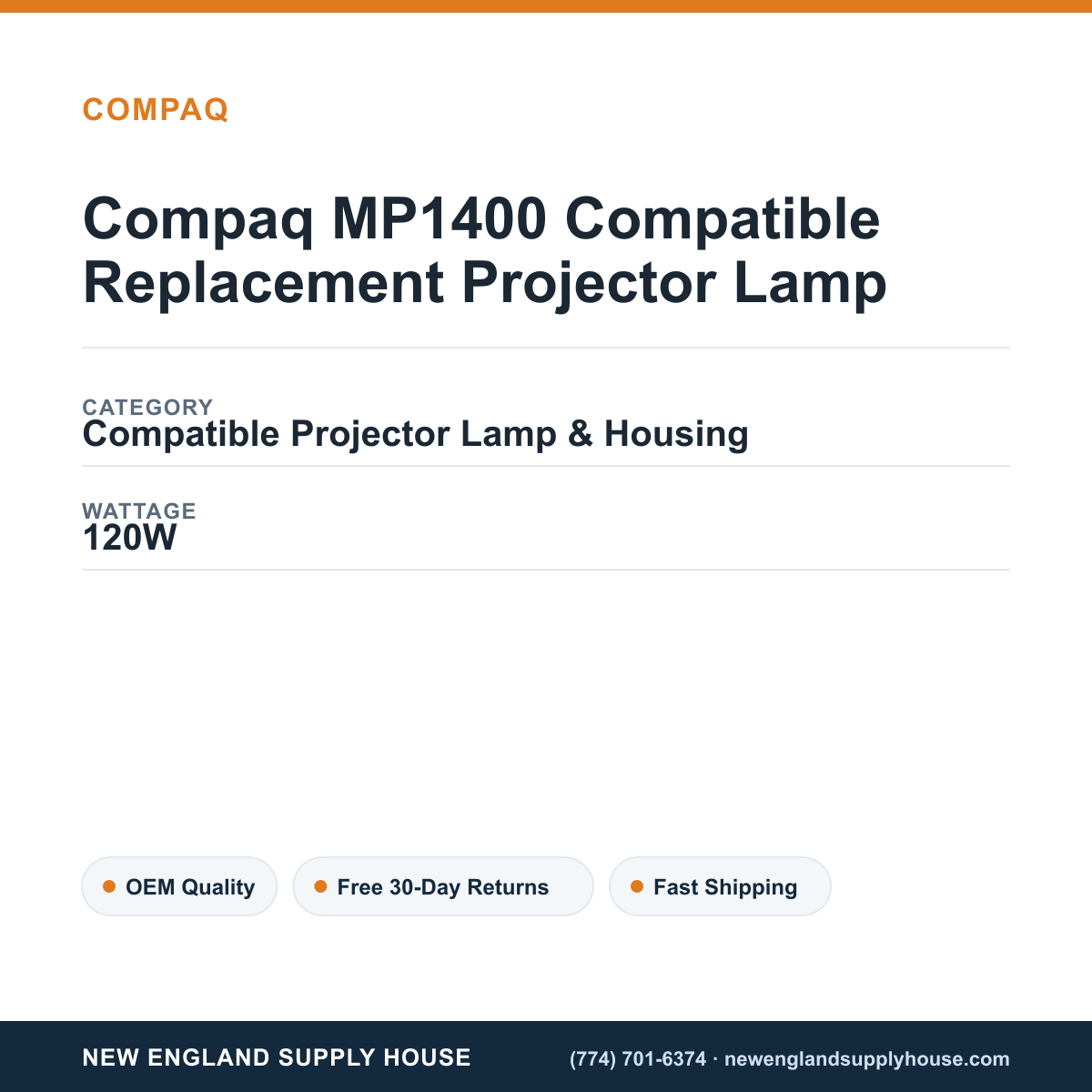 Compaq MP1400 Compatible Replacement Projector Lamp specifications - New England Supply House spec card [NESH-SPEC-CARD-V2]