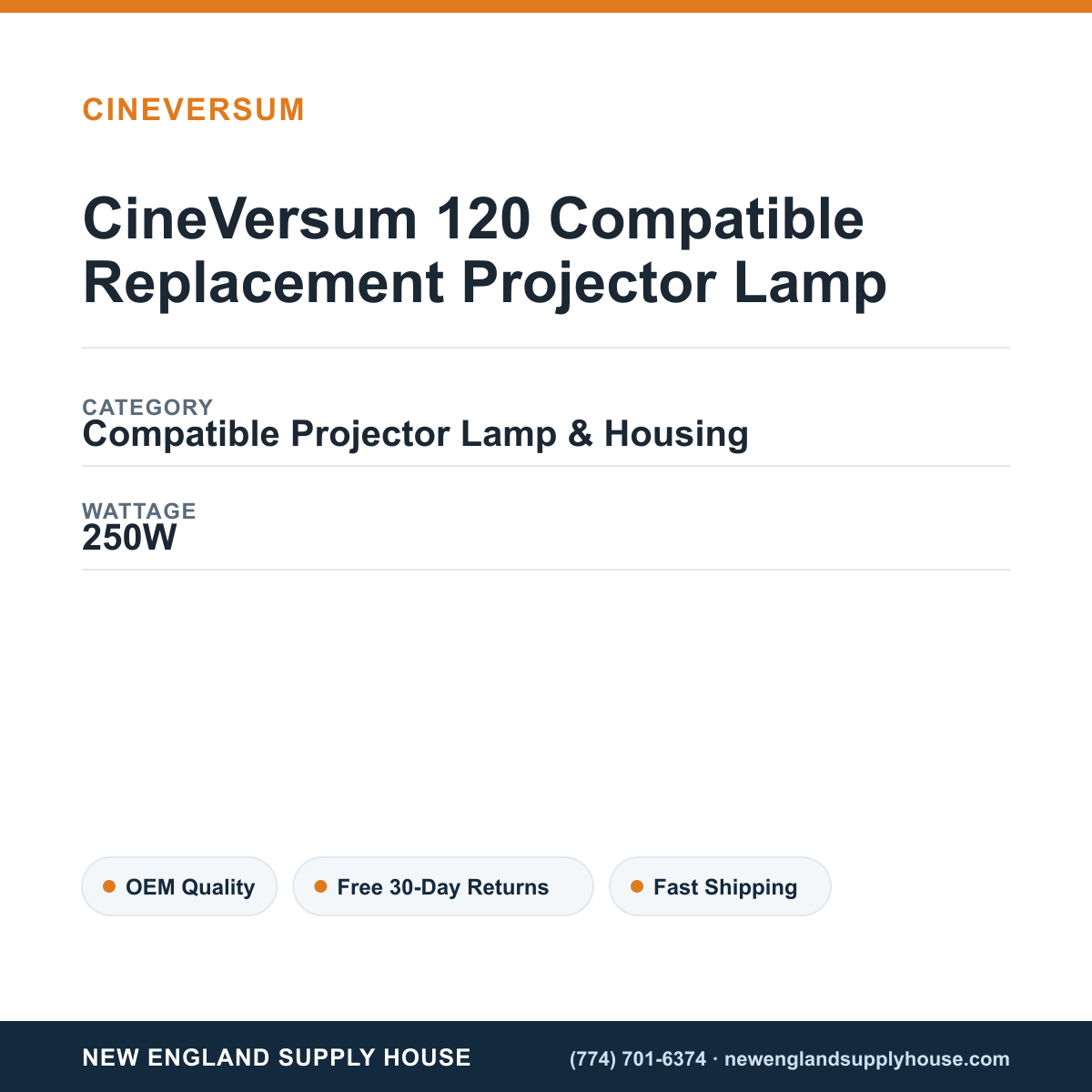 CineVersum 120 Compatible Replacement Projector Lamp specifications - New England Supply House spec card [NESH-SPEC-CARD-V2]