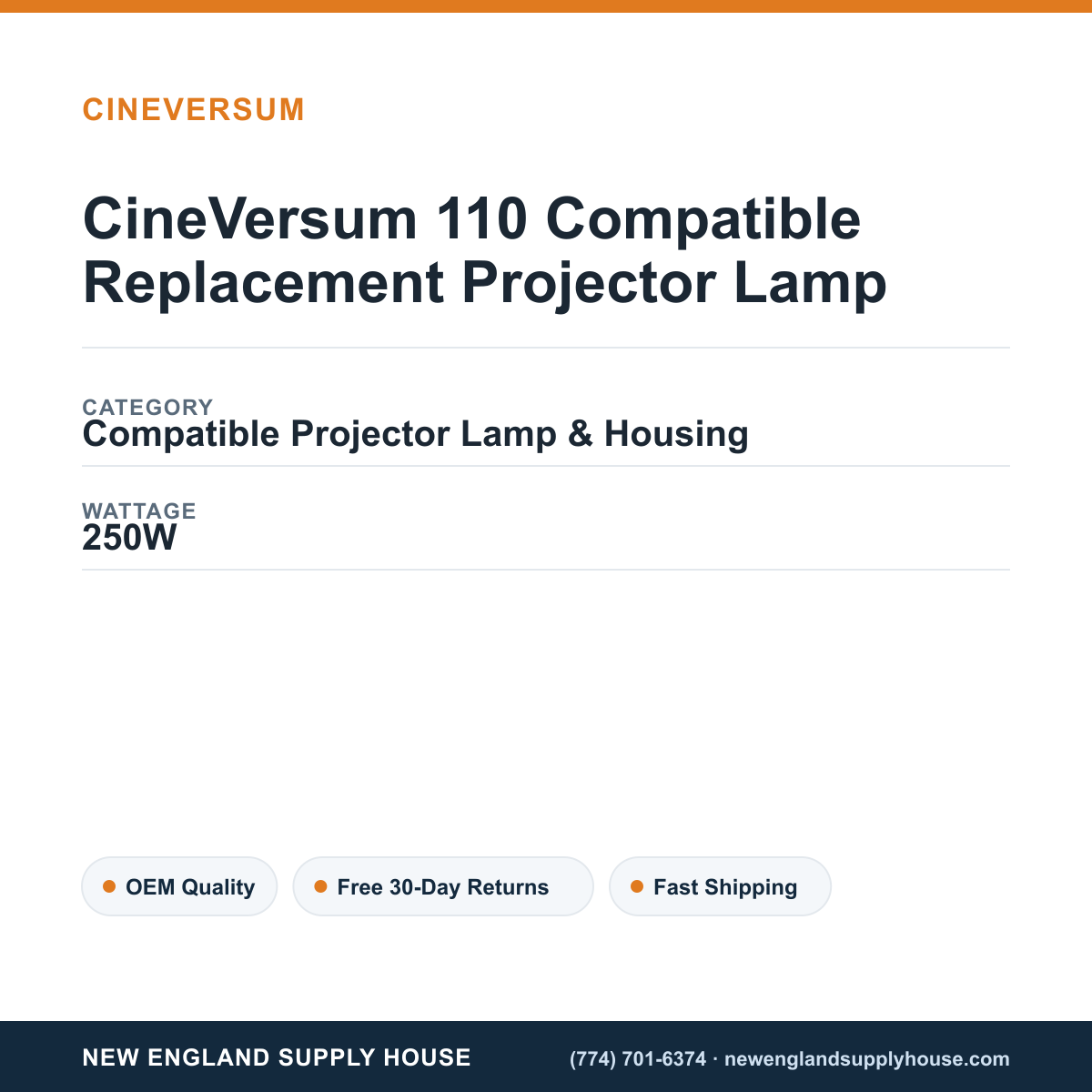 CineVersum 110 Compatible Replacement Projector Lamp specifications - New England Supply House spec card [NESH-SPEC-CARD-V2]