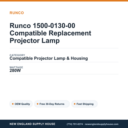 Runco 1500-0130-00 Compatible Replacement Projector Lamp specifications - New England Supply House spec card [NESH-SPEC-CARD-V2]