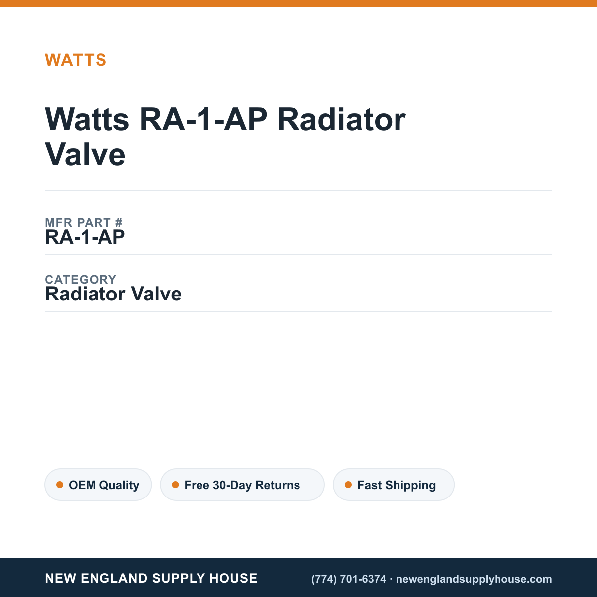 Watts RA-1-AP Radiator Valve — New England Supply House spec card [NESH-SPEC-CARD-V2]