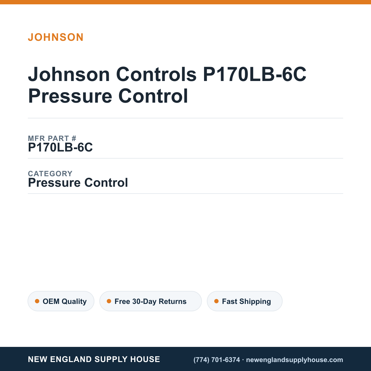 Johnson Controls P170LB-6C Pressure Control — New England Supply House spec card [NESH-SPEC-CARD-V2]