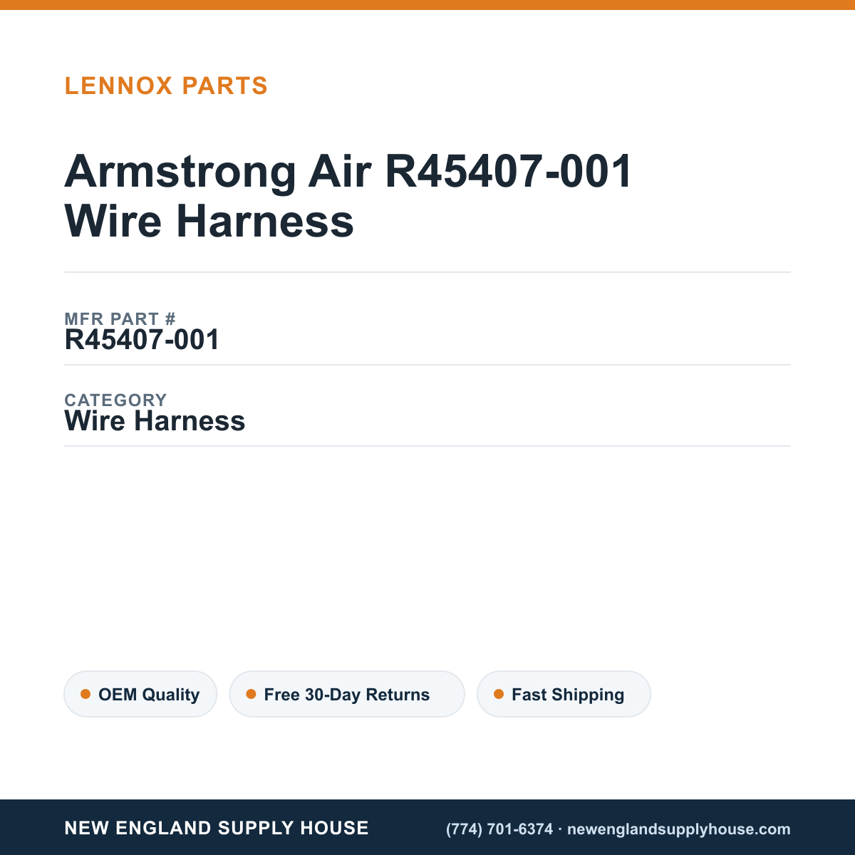 Armstrong Air R45407-001 Wire Harness — New England Supply House spec card [NESH-SPEC-CARD-V2]