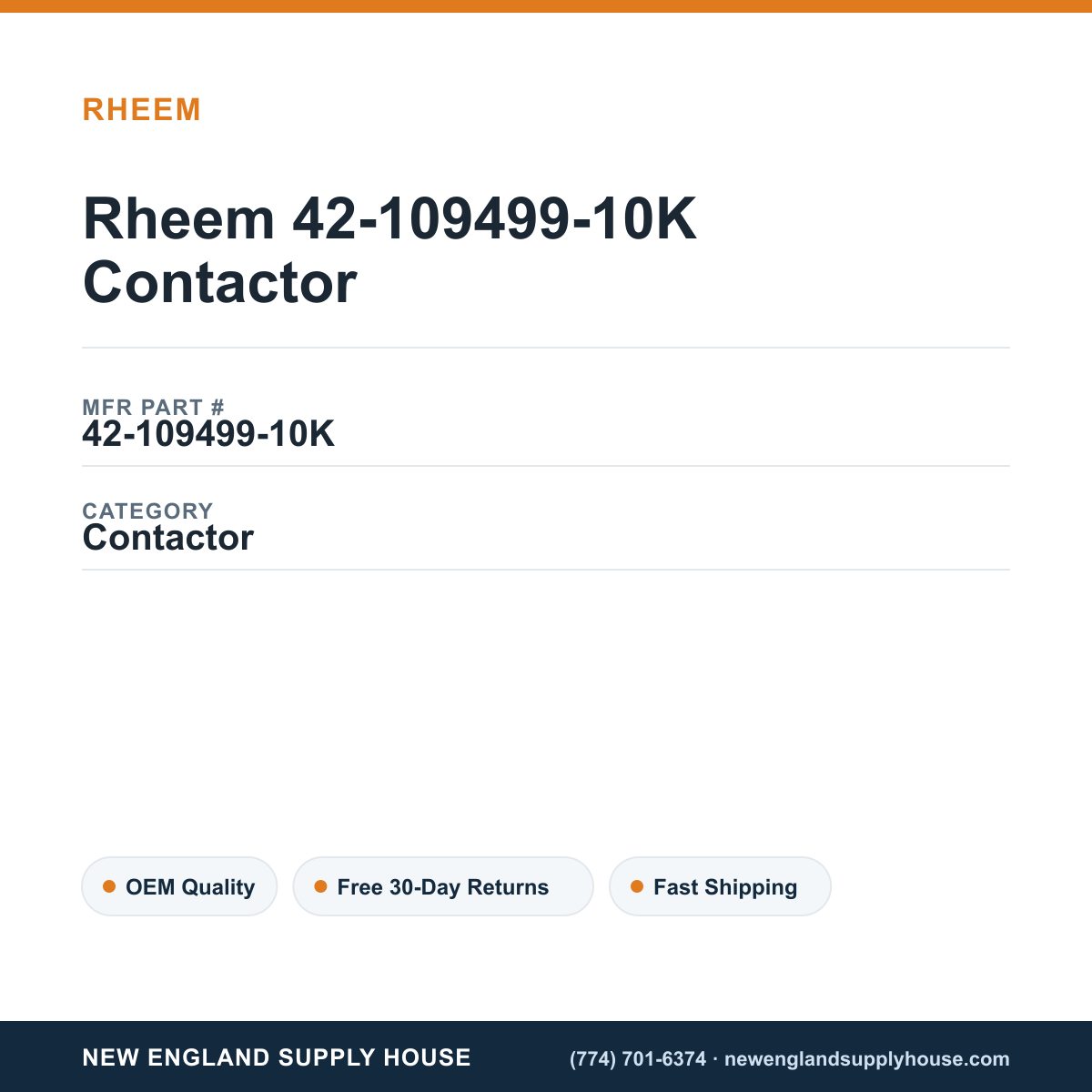 Rheem 42-109499-10K Contactor — New England Supply House spec card [NESH-SPEC-CARD-V2]