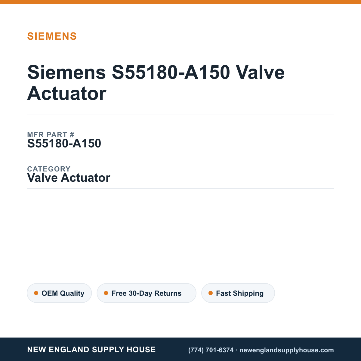Siemens S55180-A150 Valve Actuator — New England Supply House spec card [NESH-SPEC-CARD-V2]