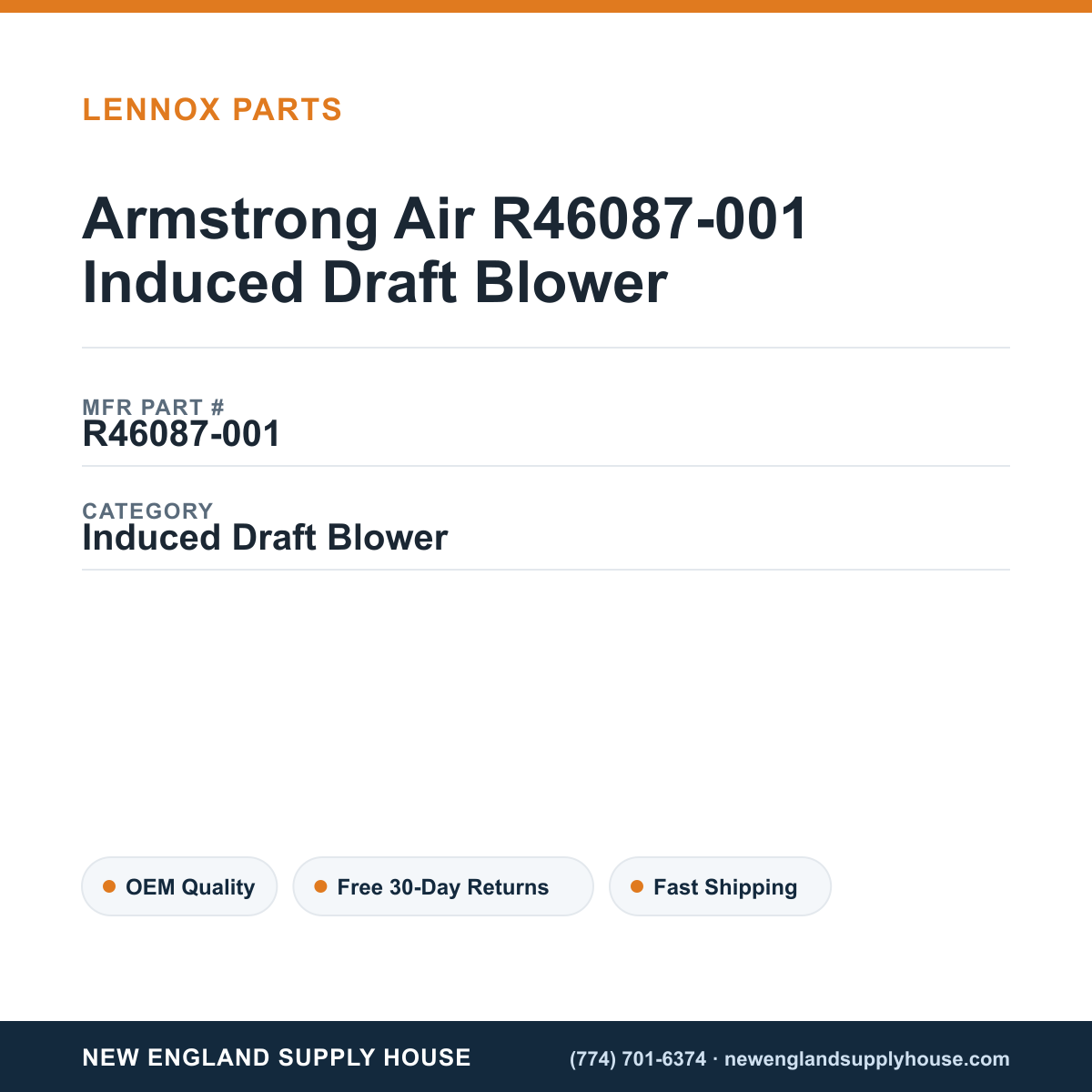 Armstrong Air R46087-001 Induced Draft Blower — New England Supply House spec card [NESH-SPEC-CARD-V2]