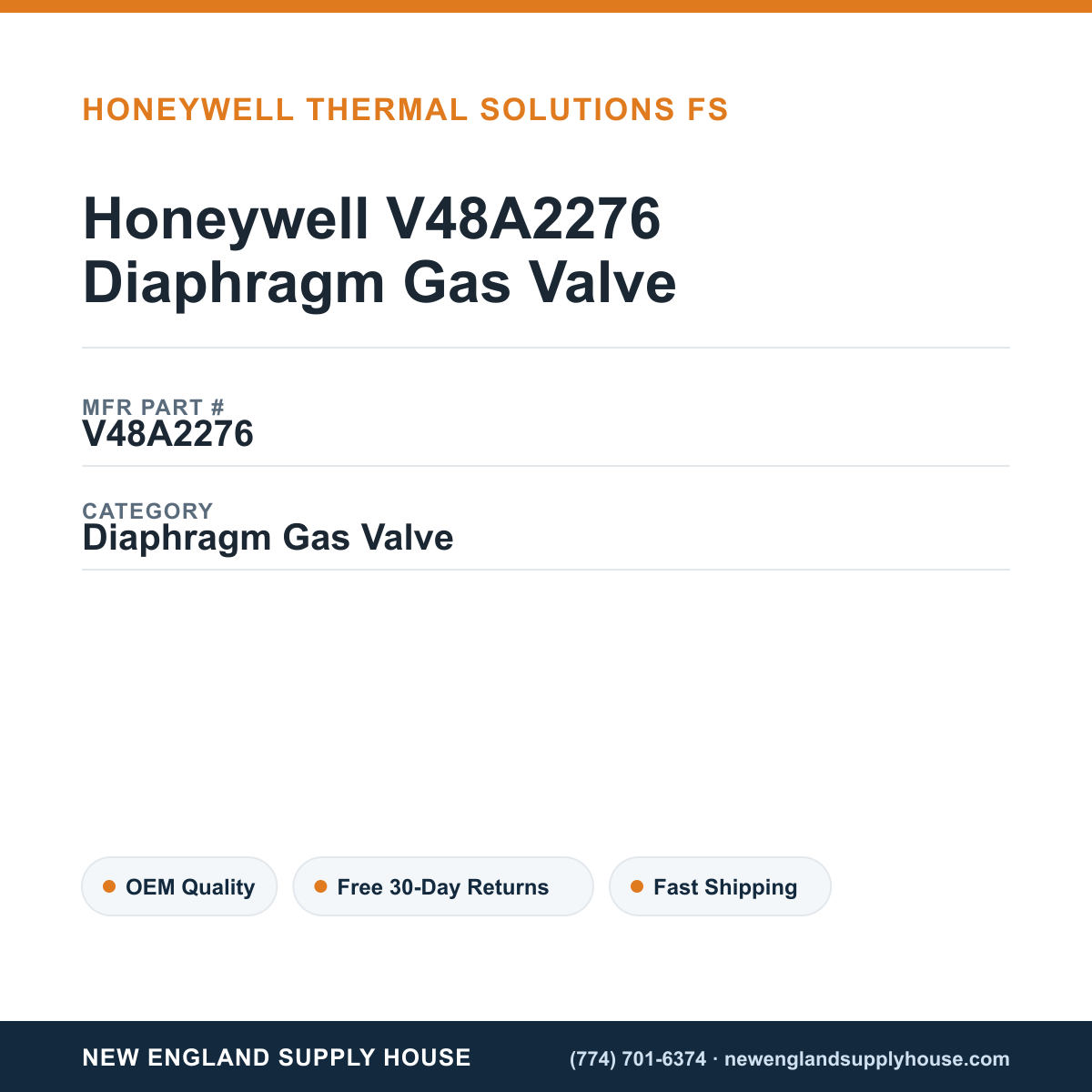 Honeywell V48A2276 Diaphragm Gas Valve — New England Supply House spec card [NESH-SPEC-CARD-V2]