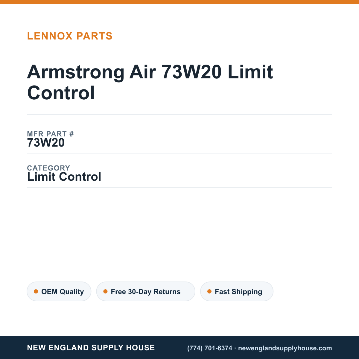 Armstrong Air 73W20 Limit Control — New England Supply House spec card [NESH-SPEC-CARD-V2]