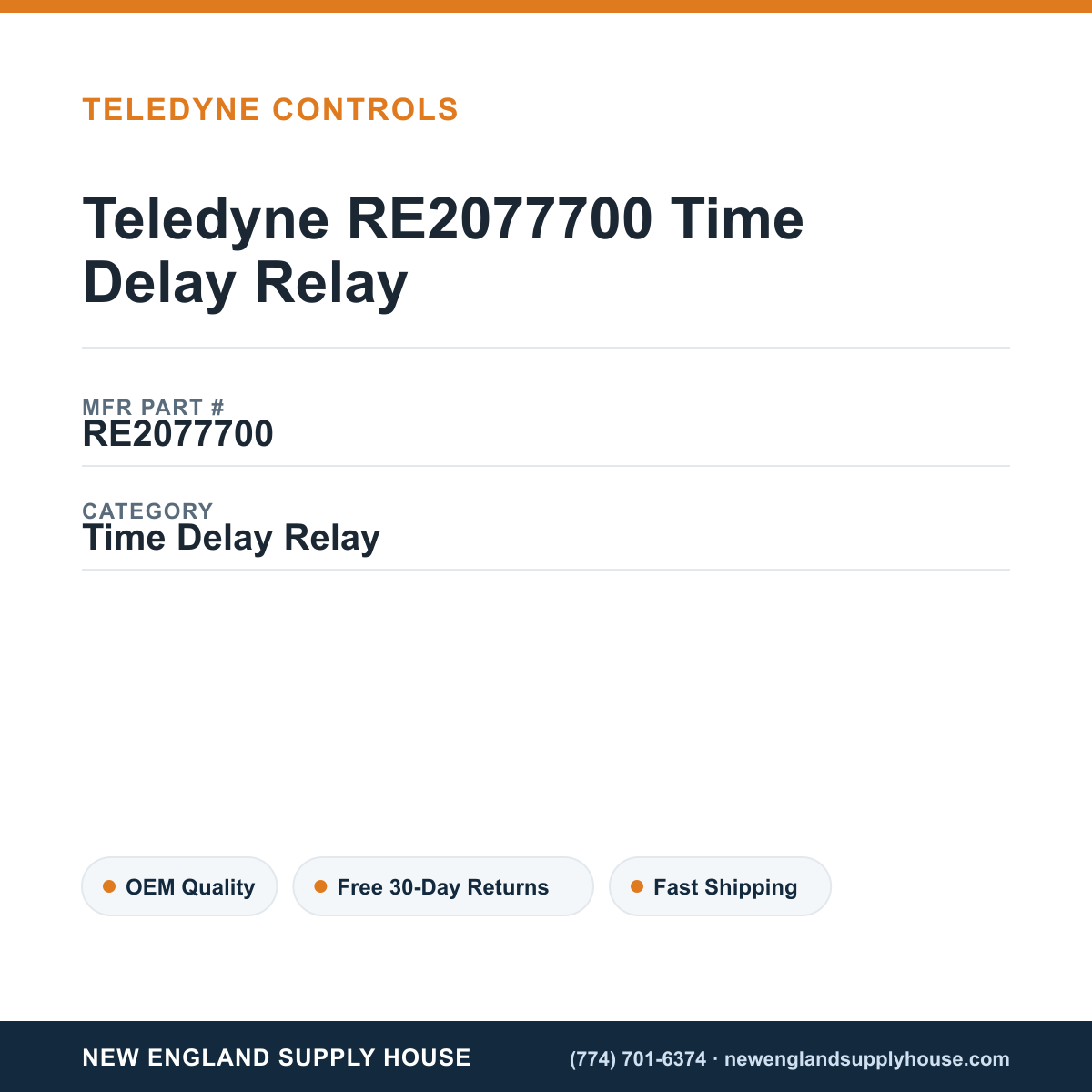 Teledyne RE2077700 Time Delay Relay — New England Supply House spec card [NESH-SPEC-CARD-V2]