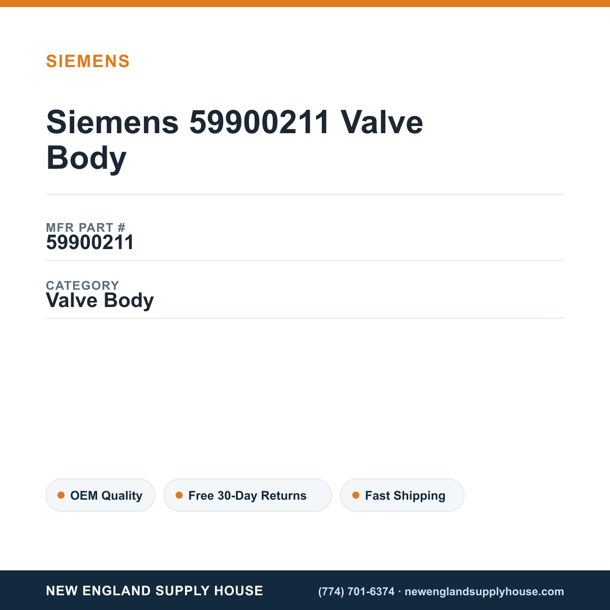 Siemens 59900211 Valve Body — New England Supply House spec card [NESH-SPEC-CARD-V2]