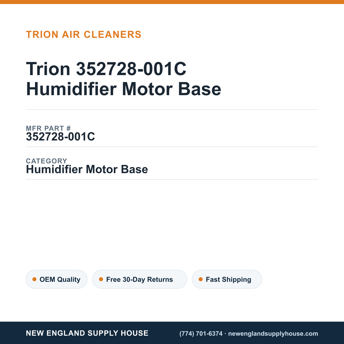 Trion 352728-001C Humidifier Motor Base — New England Supply House spec card [NESH-SPEC-CARD-V2]